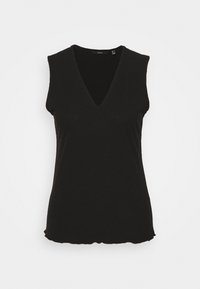 Schwarzes ärmelloses Oberteil mit V-Ausschnitt aus geripptem Stoff. Mit gewelltem Saum und enger Passform. Keine sichtbaren Verzierungen oder Muster.