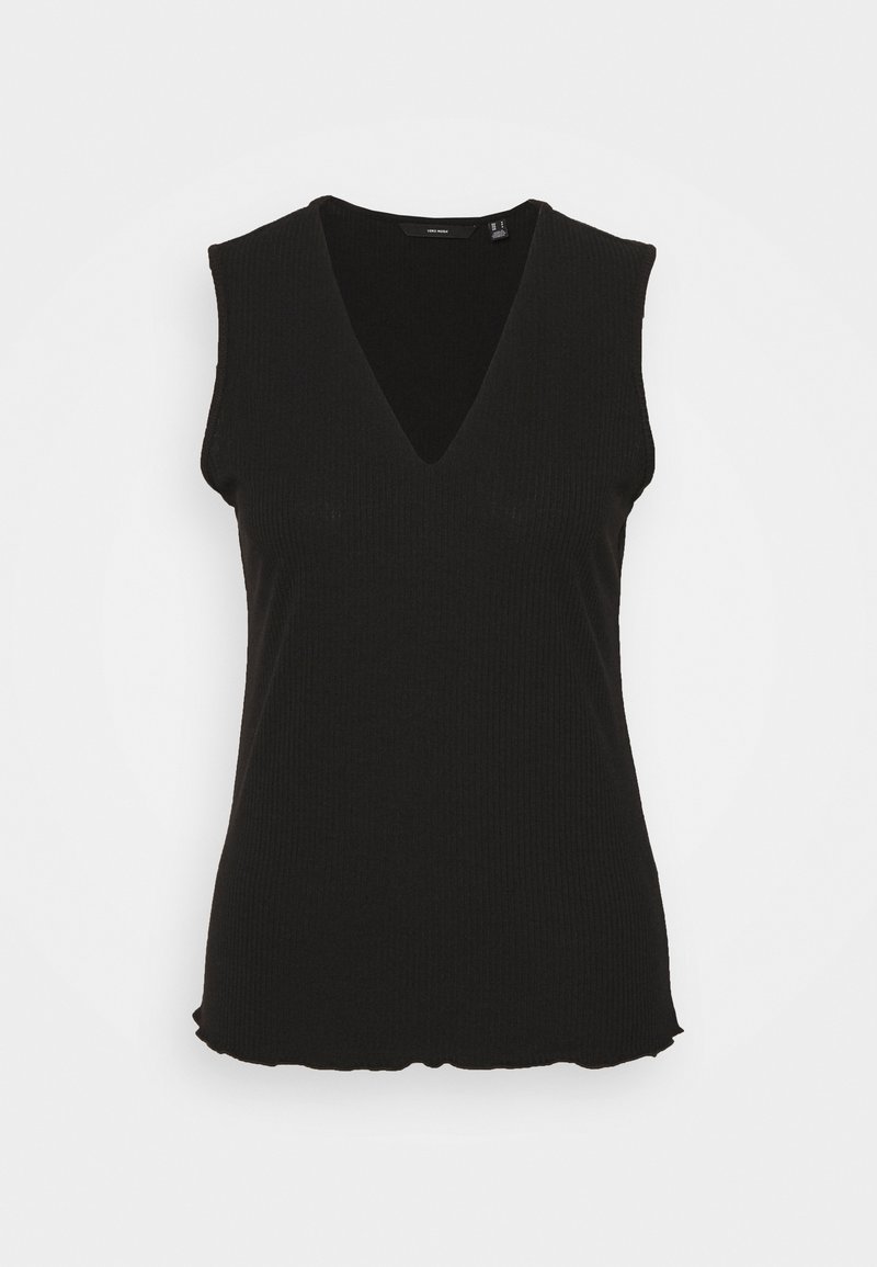 Musta hihaton toppi, jossa V-kaula-aukko ja ribbineulosta kangasta. Reunassa aaltoileva helma ja vartalonmyötäinen leikkaus. Ei näkyviä metalliosia tai kuvioita.