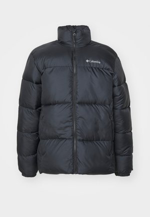 Black puffer jacket with a high collar, front zipper, elastic cuffs, and stitched panels for insulation. Features Columbia logo on chest.