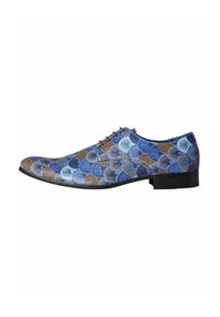 Blue and brown patterned dress shoe with a textured surface, sleek shape, and black rubber sole. Features laces with brown eyelets.