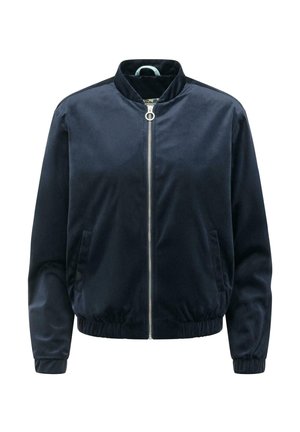Marineblaue Bomberjacke mit Frontreißverschluss, elastischen Bündchen und Saum, zwei Seitentaschen und einem Stehkragen.