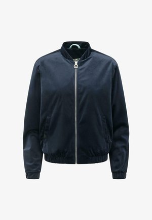 Navy blue bomber jacket with front zipper, elastic cuffs and hem, two side pockets, and a stand-up collar.