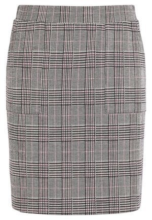 Grå ternet nederdel med en struktureret pencil-snit, tekstureret stof, subtile ternede mønstre og en detalje med sidelomme.