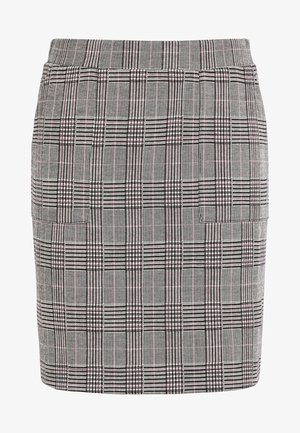 Grå ternet nederdel med en struktureret pencil-snit, tekstureret stof, subtile ternede mønstre og en detalje med sidelomme.