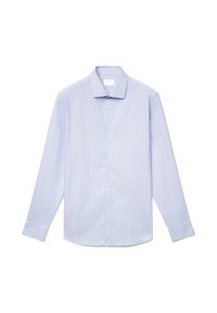 Light blue long-sleeve shirt featuring a striped pattern, button-front, classic collar, and buttoned cuffs. Made from a smooth fabric.