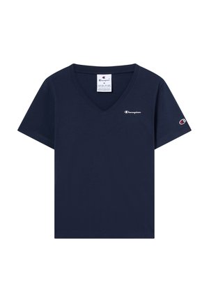 Donkerblauw V-hals T-shirt van katoen, met korte mouwen en een klein geborduurd logo op de linkerborst en mouw.