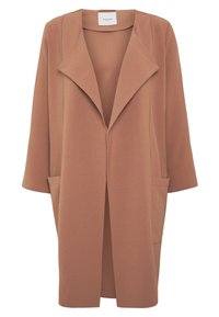 Lång, öppen-fram kappa i en varm brun nyans. Tillverkad av mjukt tyg med en draperad design, spetsig krage och två sidofickor.