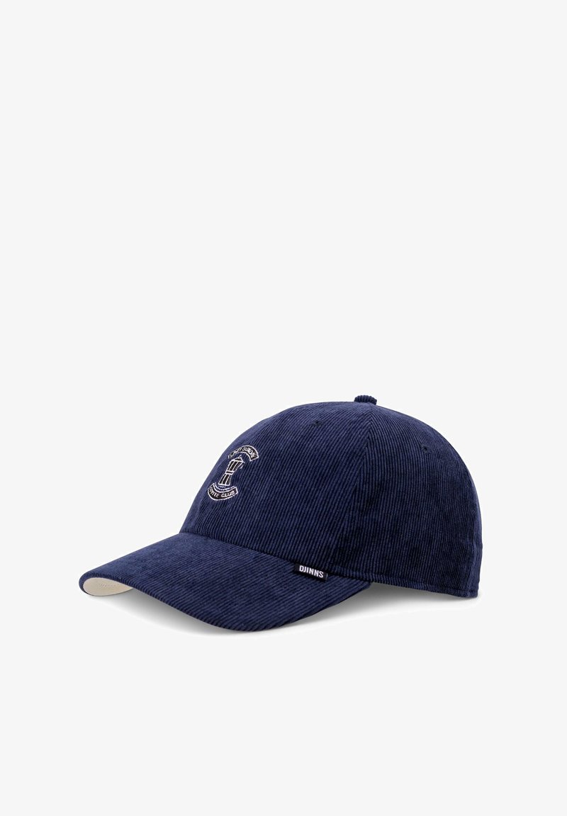 Navy corduroy cap with a curved brim, embroidered logo detail on the front, and a small branded tag on the side.
