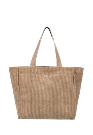 Sac cabas beige texturé avec deux poignées, forme rectangulaire et motif subtil en tissu côtelé, présenté sur un fond blanc.