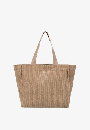 Sac cabas beige texturé avec deux poignées, forme rectangulaire et motif subtil en tissu côtelé, présenté sur un fond blanc.