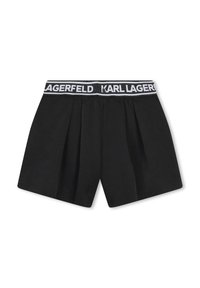 Shorts noirs avec un design plissé, dotés d'une ceinture élastique blanche contrastante portant l'inscription "KARL LAGERFELD". Texture de tissu lisse.