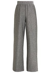 Grijze, wijde broek met een elastische tailleband, gemaakt van een gestructureerd, glanzend materiaal, dat een losse pasvorm en rechte snit biedt.