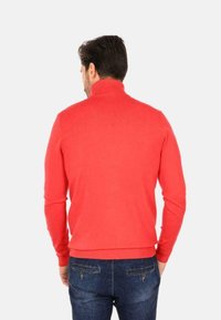 Maglione a collo alto lavorato a maglia rossa con polsini e orlo a costine, design aderente, indossato con jeans blu scuro, vista da dietro.