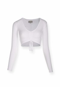 Weißes Langarm-Crop-Top mit V-Ausschnitt, gerafftem Vorderteil und Kordelzugsaum. Hergestellt aus geripptem Stoff mit taillierter Passform.