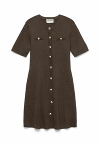 Lühikeste varrukatega pruun kleit, mis on valmistatud kootud kangast, ümmarguse kaelusega, ees nööpidega kinnitatav ja kahe kuldnööpidega rinnataskuga.