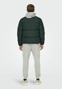 Dark green puffer jacket with a quilted design, gray hoodie underneath, light gray sweatpants, and beige sneakers. Back view.