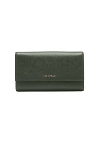 Portafoglio in pelle verde con finitura testurizzata, dotato di chiusura magnetica e logo impresso sulla parte frontale. Forma rettangolare slim.
