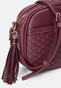 Burgundské crossbody taška z umělé kůže s prošívaným vzorem, zlatými kovovými detaily a třásní. Obsahuje horní zipové uzavření.