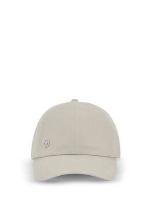 Casquette en coton beige clair avec une couronne arrondie, un visière courbée, et un petit logo brodé sur le côté. Texture lisse, design structuré.