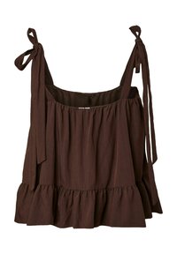 Top marron sans manches avec bretelles réglables à nouer et ourlet à volants, fabriqué en tissu léger.