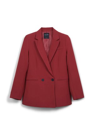Doppelreihige Damenblazer in tiefrot mit Reverskragen, zwei schwarzen Knöpfen und schlanken Seitentaschen, präsentiert auf einem weißen Hintergrund.