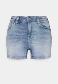Denim-shortsit vaaleansinisessä pesussa, joissa on klassinen viiden taskun muotoilu, nappikiinnitys ja hapsureuna rentoa ilmettä varten.