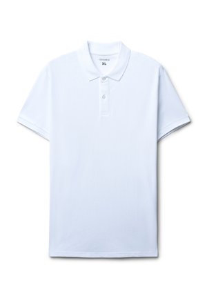 Polo bianco, maniche corte, colletto classico, lista di tre bottoni, realizzato in tessuto di cotone, texture liscia, vestibilità comoda, taglia XL.