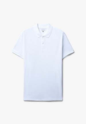 Polo bianco, maniche corte, colletto classico, lista di tre bottoni, realizzato in tessuto di cotone, texture liscia, vestibilità comoda, taglia XL.