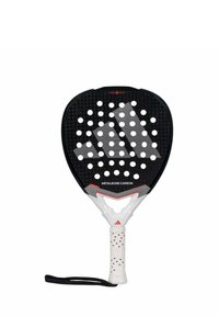 Zwarte paddle met een geperforeerd oppervlak, contrasterende witte handgreep, rode accenten en een gestructureerde grip. Bevat de merknaam "METALBONE CARBON."