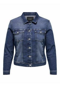 Džínová bunda s tmavě modrým omakem, zapínáním na knoflíky, dvěma náprsními kapsami a klasickým límcem. Stříbrné knoflíky doplňují design.
