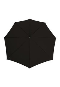 Zwarte paraplu met acht panelen, gemaakt van glad, waterafstotend materiaal. Beschikt over een centraal openingsmechanisme en heeft geen zichtbare patronen of accenten.