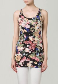 Black floral tank top featuring a variety of pink, blue, and green flowers, made of soft fabric with a fitted design and wide straps.