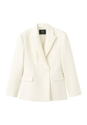 Blazer blanco de mujer de doble botonadura con solapas con muesca, dos bolsillos frontales con solapa y mangas largas, colocado plano sobre un fondo blanco.