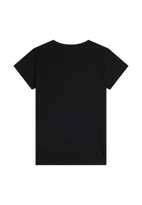 T-shirt in cotone nero a maniche corte con scollatura rotonda, texture liscia e design semplice, senza ulteriori motivi o dettagli.