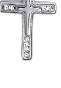 Pendentif en forme de croix en argent avec une finition polie, orné de strass clairs sur les branches verticale et horizontale.