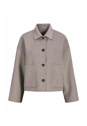 Gray woolen jacket with a collar, front button closure, two large patch pockets, and wide sleeves, showcasing a soft, textured finish.