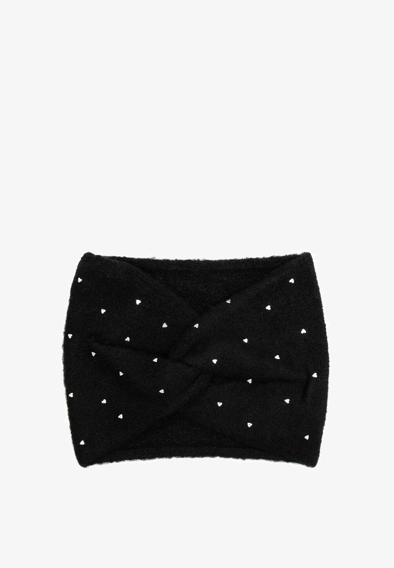 Czarna, puszysta opaska na głowę z małymi białymi wzorami serc i skręconym węzłem na środku.