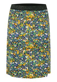 Falda con estampado floral en azul, verde, amarillo y blanco, con una cinturilla de brillantina negra; hecha de tela suave y ligera.
