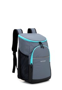 Sac à dos gris avec des zippers turquoise, doté de bretelles en mesh rembourrées, d'un compartiment supérieur et d'une poche frontale avec un logo en relief.