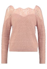 Rosa weicher Strickpullover mit langen Ärmeln, der eine Spitzenbesatz-Detail an den Schultern und eine lockere Passform hat. Strukturierter und leichter Stoff.