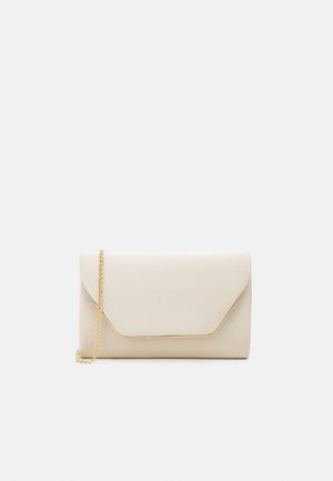 Beige clutch bag with a smooth texture, gold chain strap, and an envelope-style flap featuring a contrasting gold trim.