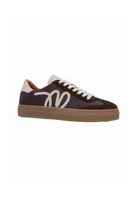 Bruine leren en suède sneakers met een witte gekrulde print, een crèmekleurige tong en crèmekleurige veters. Dikke gumrubberen zool met gestructureerde grip.