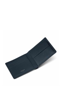 Zwarte leren bifold portemonnee met textuur, voorzien van meerdere kaartsleeves en een muntenzakje, met het merk "REDOLZ" aan de binnenkant.