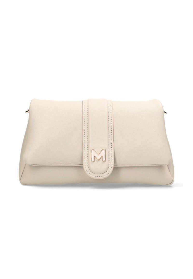 Borsa a tracolla beige con una texture liscia, dotata di una chiusura centrale a patta e del logo "M" embossato. Forma rettangolare compatta.