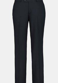 Pantaloni neri su misura realizzati in tessuto leggero. Presentano un design a gamba dritta, passanti per la cintura e una chiusura con un solo bottone.