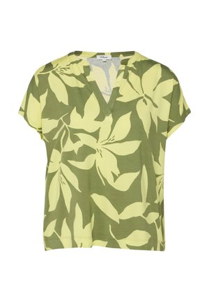 Short-sleeve, green and yellow floral patterned blouse with a notched V-neck collar and relaxed fit.