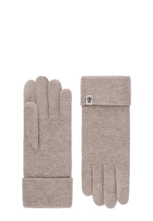 Pair of beige knitted gloves with folded cuffs, one showing front and the other back with a small rectangular logo tag.