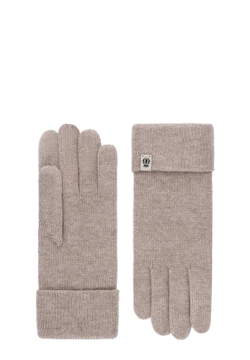 Ein Paar beigefarbene gestrickte Handschuhe mit umgeschlagenen Bündchen, einer zeigt die Vorderseite und der andere die Rückseite mit einem kleinen rechteckigen Logo-Tag.