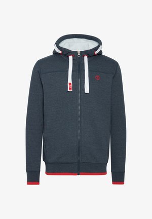 Dunkelblauer Kapuzenpullover mit Reißverschluss, weißen Kordeln und roten Akzenten. Verfügt über ein weiches Innenfutter sowie gerippte Bündchen und Saum.