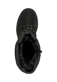 Zwarte winterlaars met een gevoerde buitenkant, grijze veters en een zachte bontvoering zichtbaar bij de opening. Ronde neus en rubberen zool.